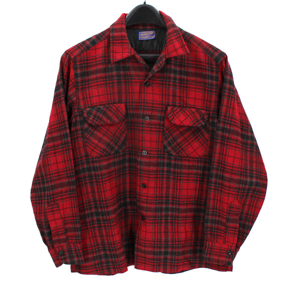 Vtg Pendleton Red Black Plaid Button Loop Collar Wool Long Sleeve Board Shirt L